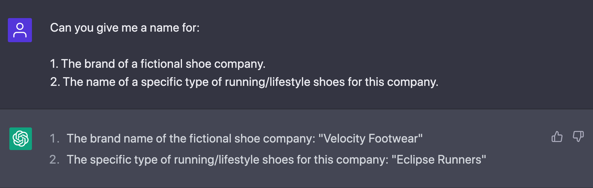 Initial prompt to Chat GPT to generate the name of a fictional shoe brand