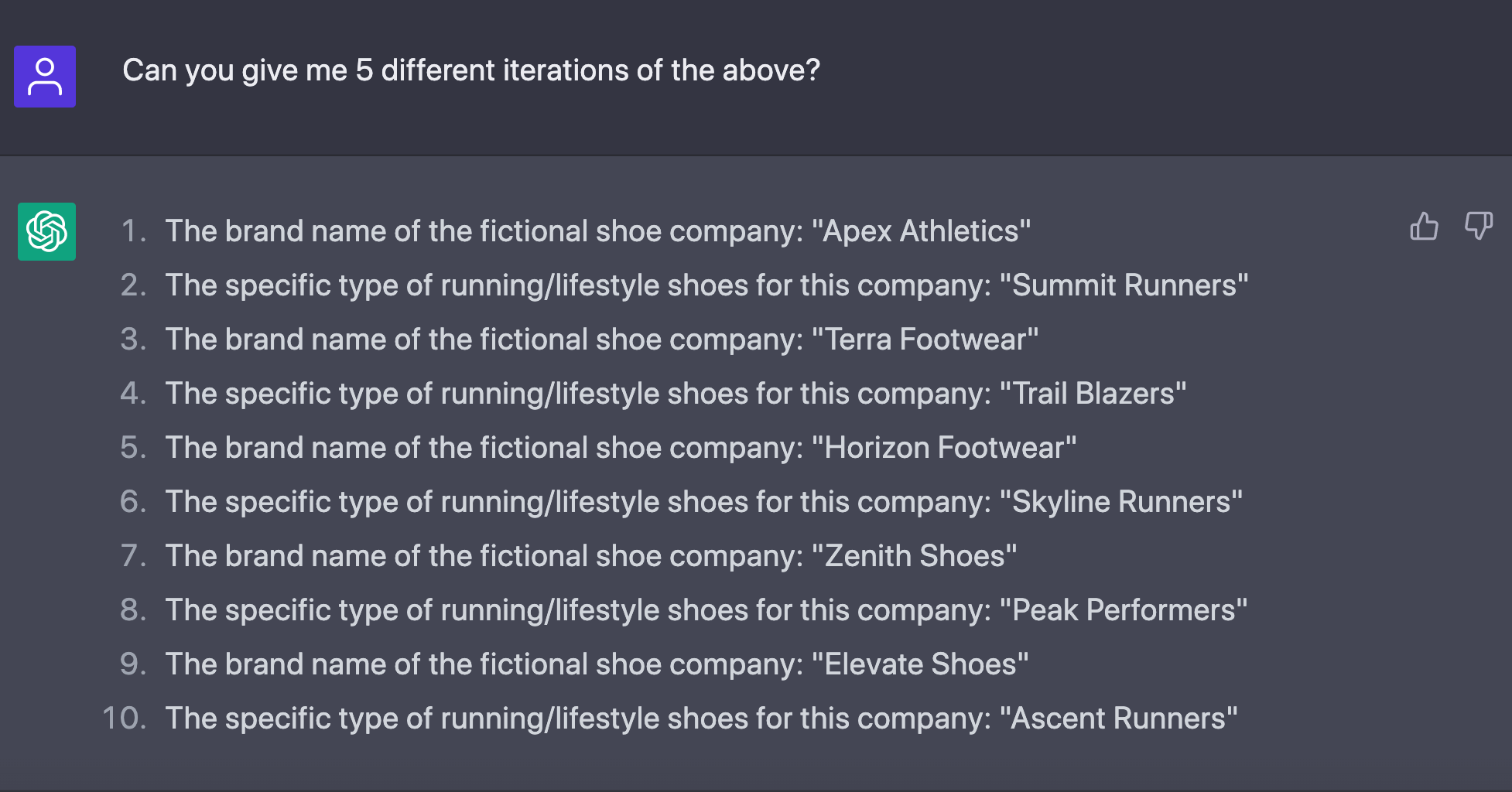 Follow up prompt to Chat GPT to generate the name of a fictional shoe brand