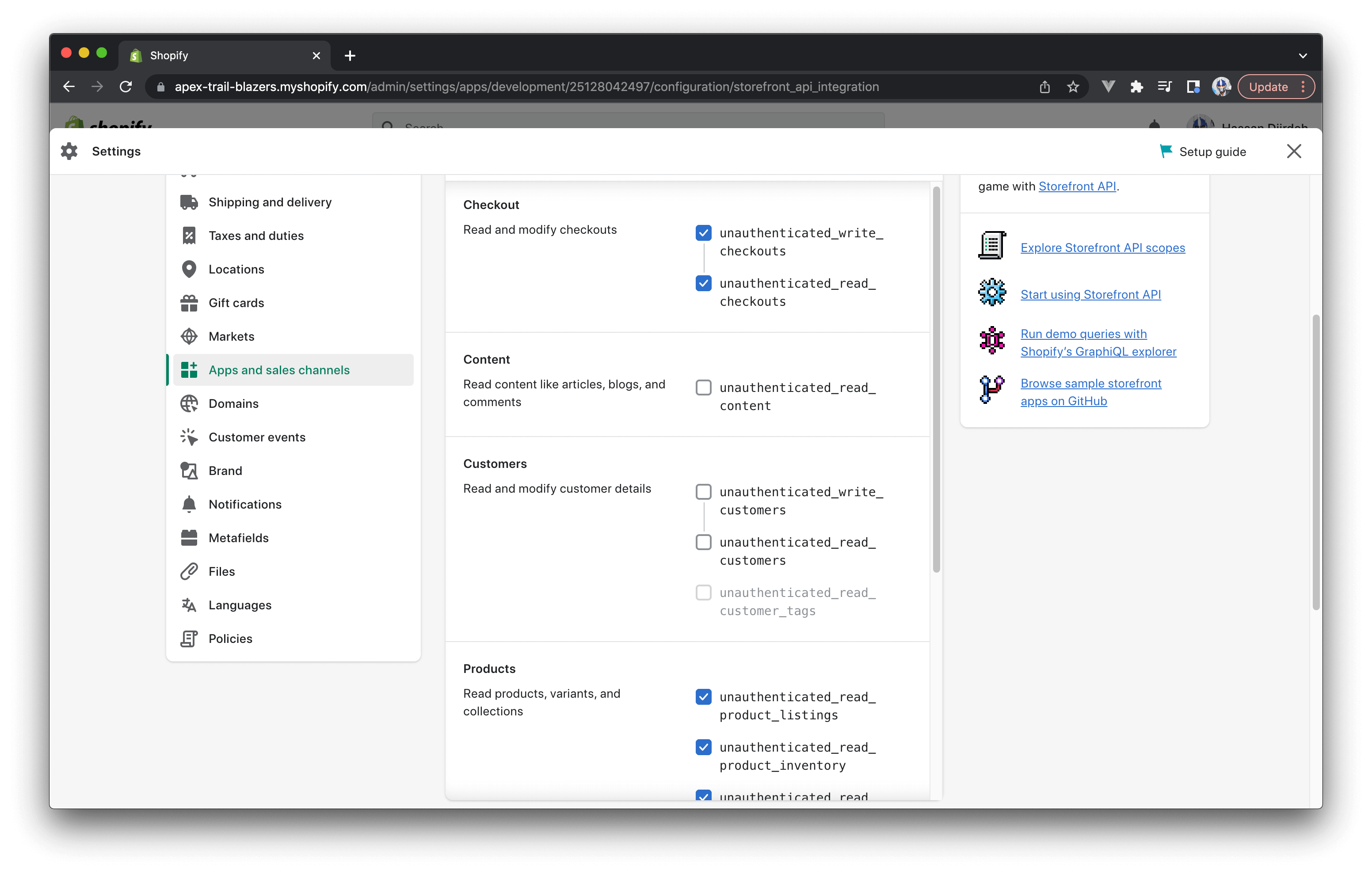 Checkout and Products access scopes granted