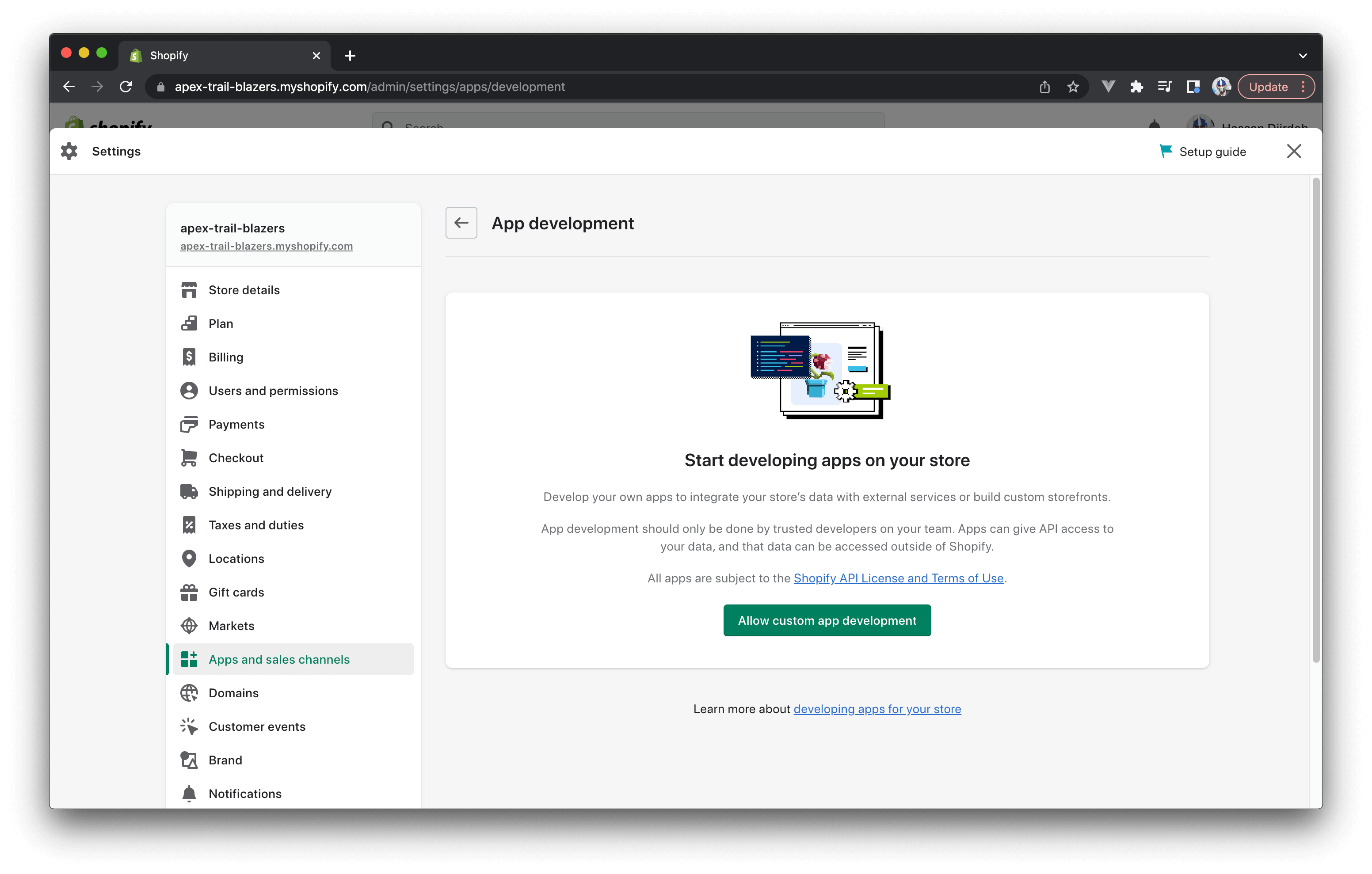Allow custom app development in Shopify admin